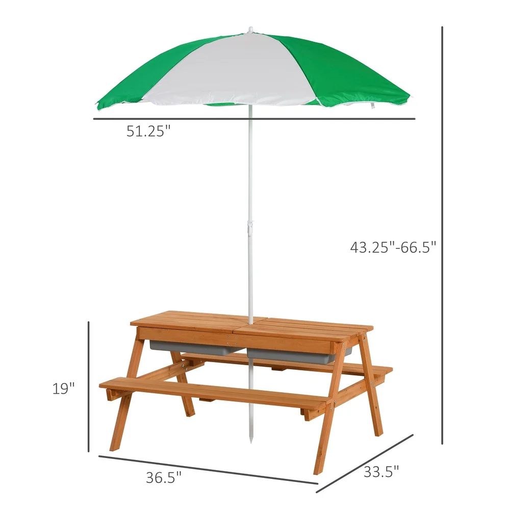 Outsunny Kids Picnic Table Set Wooden Bench with Sandbox Removable & Height Adjustable Parasol Outdoor Garden Patio Backyard Beach 36.5