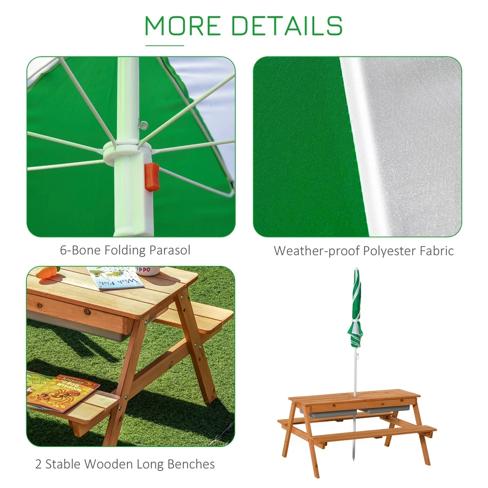 Outsunny Kids Picnic Table Set Wooden Bench with Sandbox Removable & Height Adjustable Parasol Outdoor Garden Patio Backyard Beach 36.5