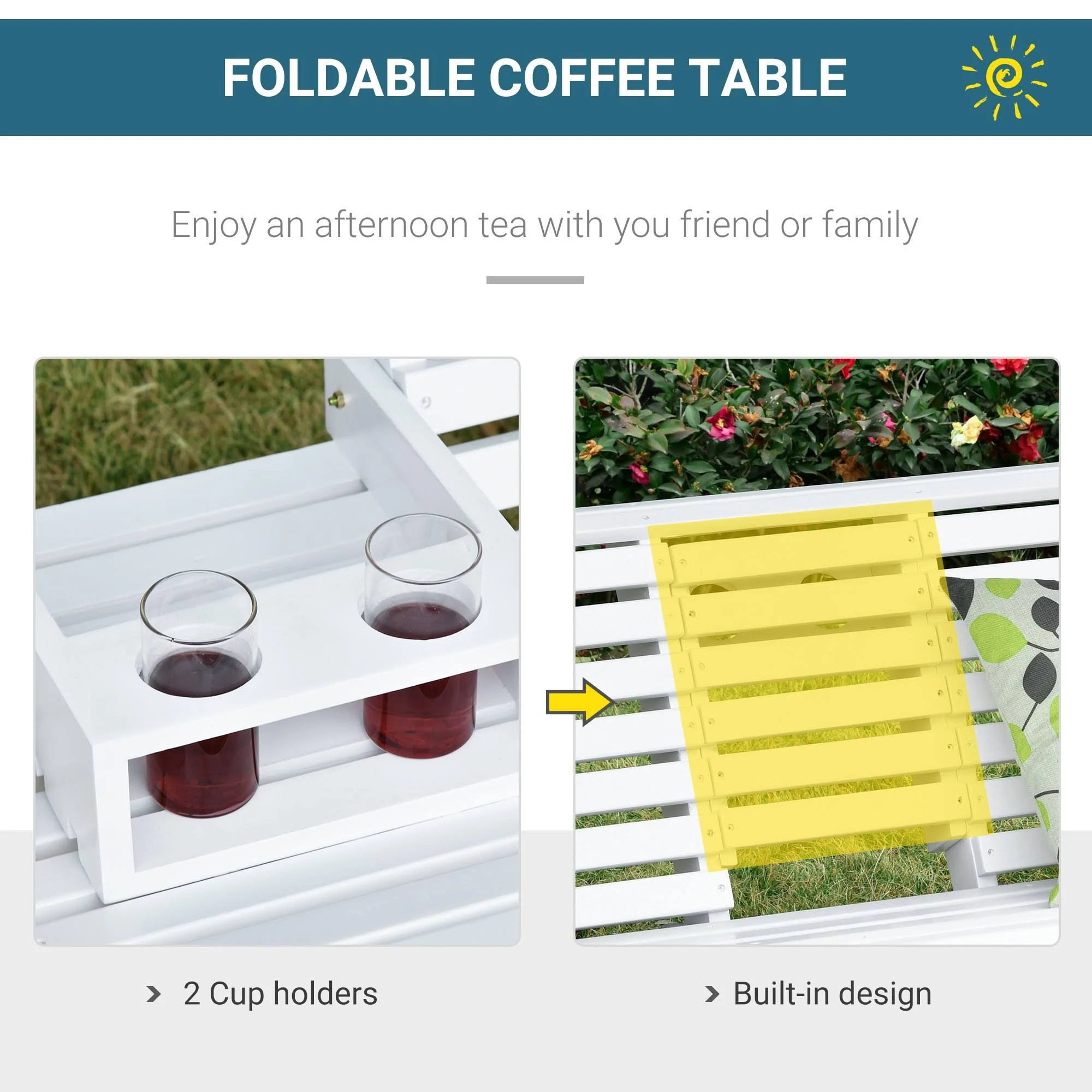Outsunny 3-Seater Wooden Porch Swing Bench with Folding Coffee Table Durable PU Coating Chains Included White