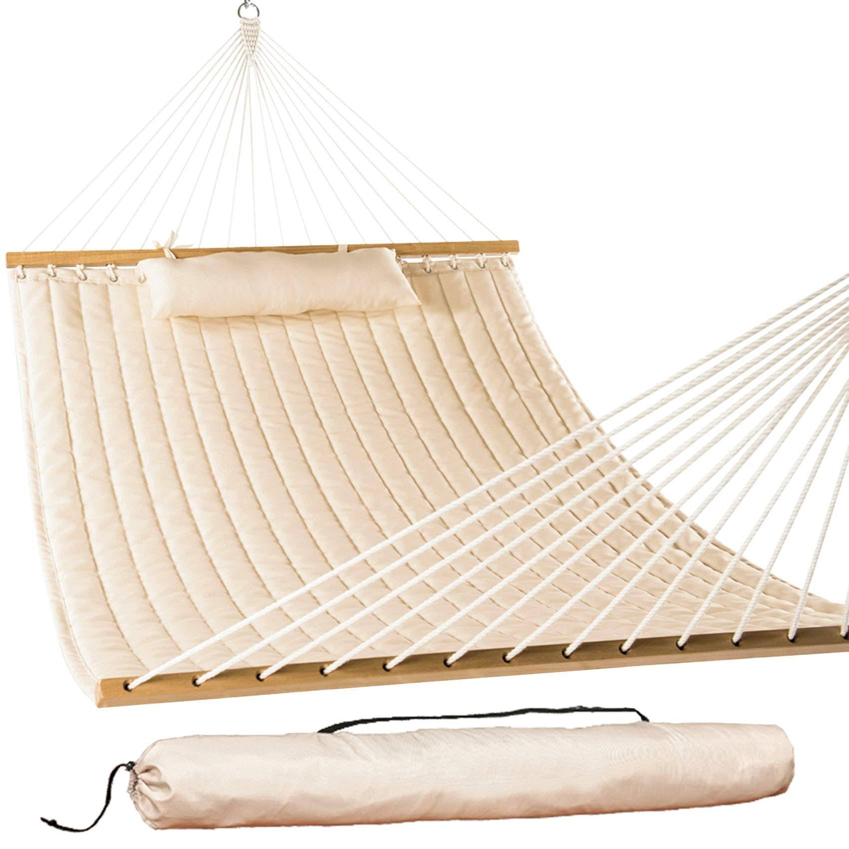 Lazy Daze Classic Hammocks Double Quilted Fabric Swing with Pillow,Spreader Bar Camping Hammock, 55 Inches Beige