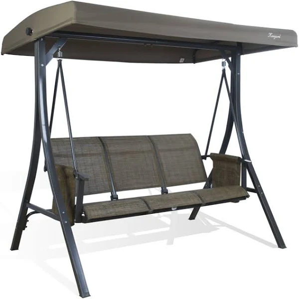 Kozyard Brenda 3-Person Powder Coated Steel Gray Frame Patio Swing with Taupe Color Canopy and Textilence SEATS