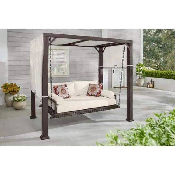 Hampton Bay 61 in. Metal Wicker Patio Daybed Swing with Almond Biscotti Cushions