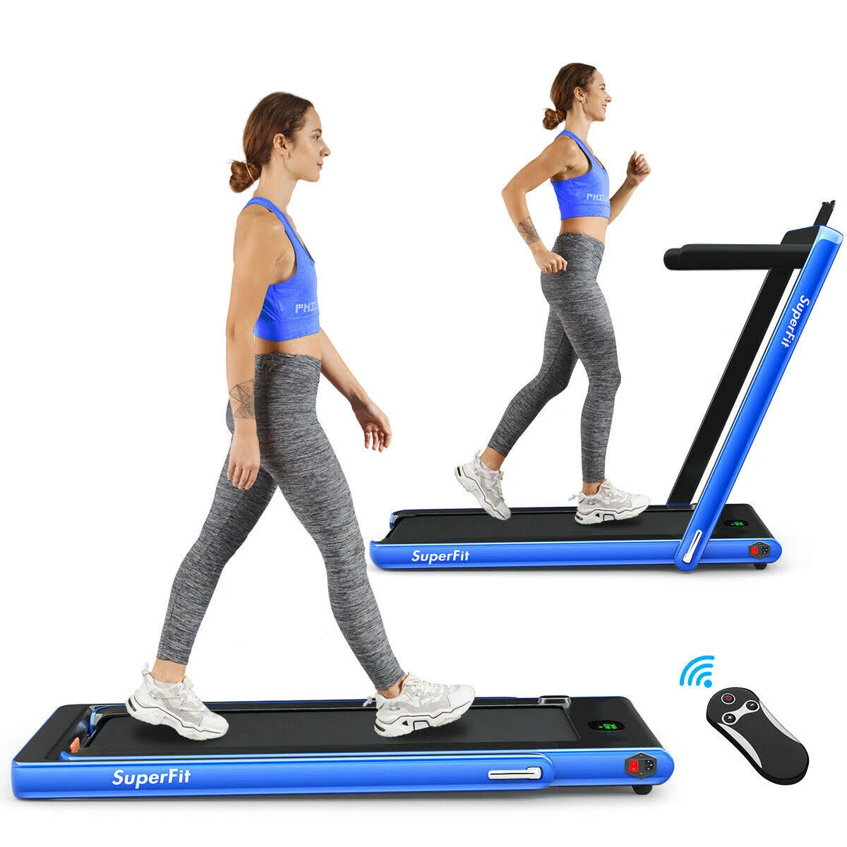 2 in 1 Folding Treadmill with Bluetooth Speaker Remote Control Navy