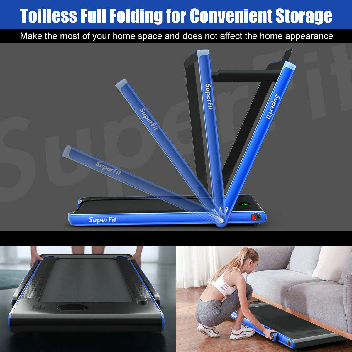 2 in 1 Folding Treadmill with Bluetooth Speaker Remote Control Navy