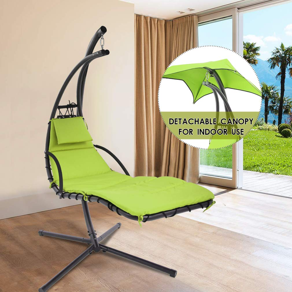 Hanging Chaise Lounge Swing Chair with Umbrella Canopy, Green