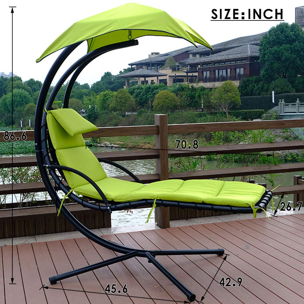 Hanging Chaise Lounge Swing Chair with Umbrella Canopy, Green