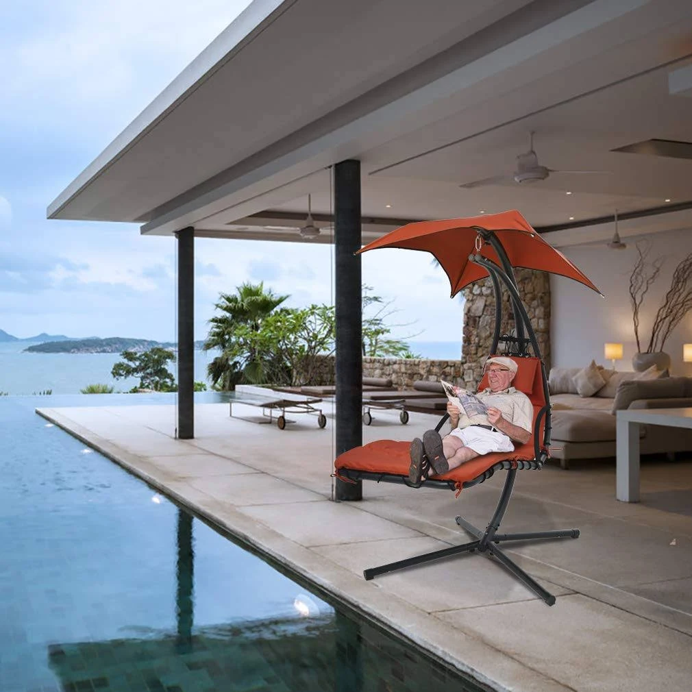 Hanging Chaise Lounge Swing Chair with Umbrella Canopy