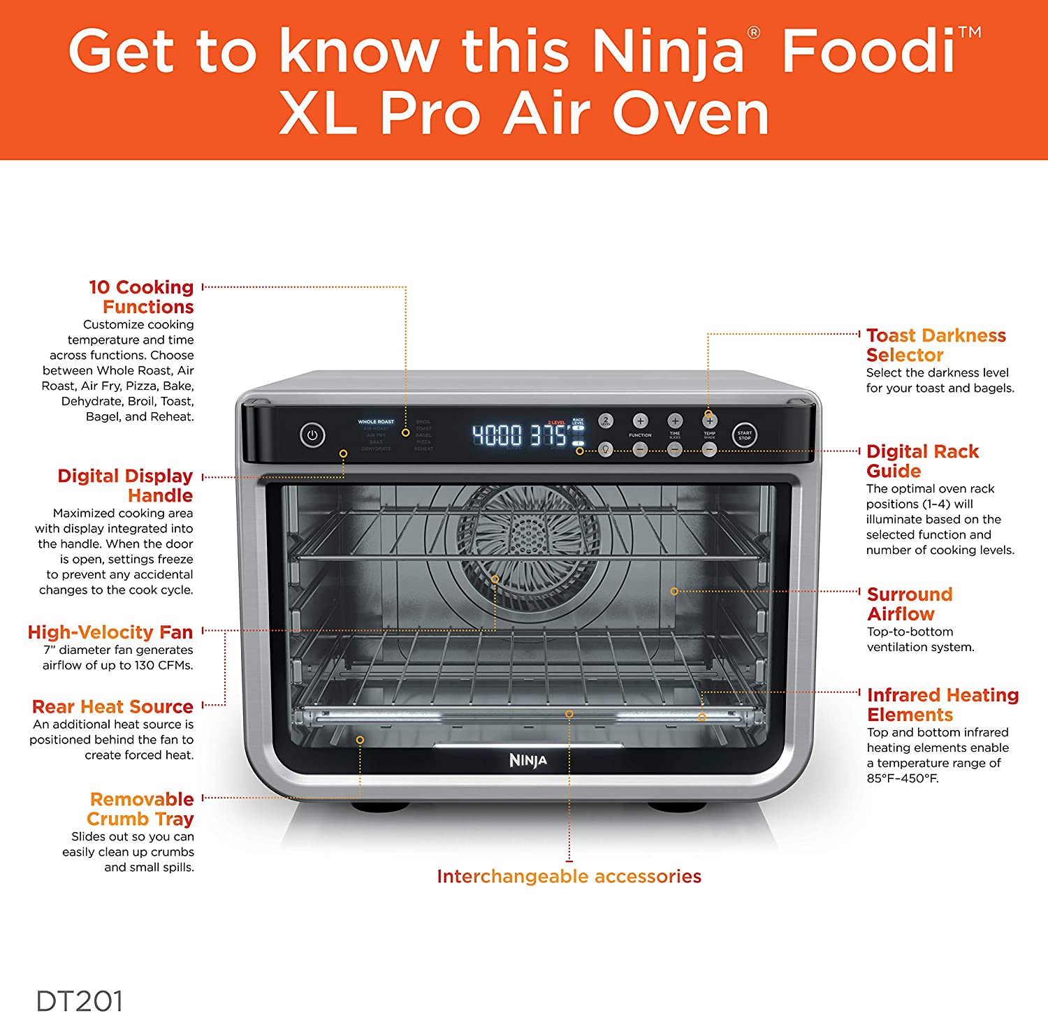 Ninja DT201 Foodi 10-in-1 XL Pro Air Fry Digital Countertop Convection Toaster Oven