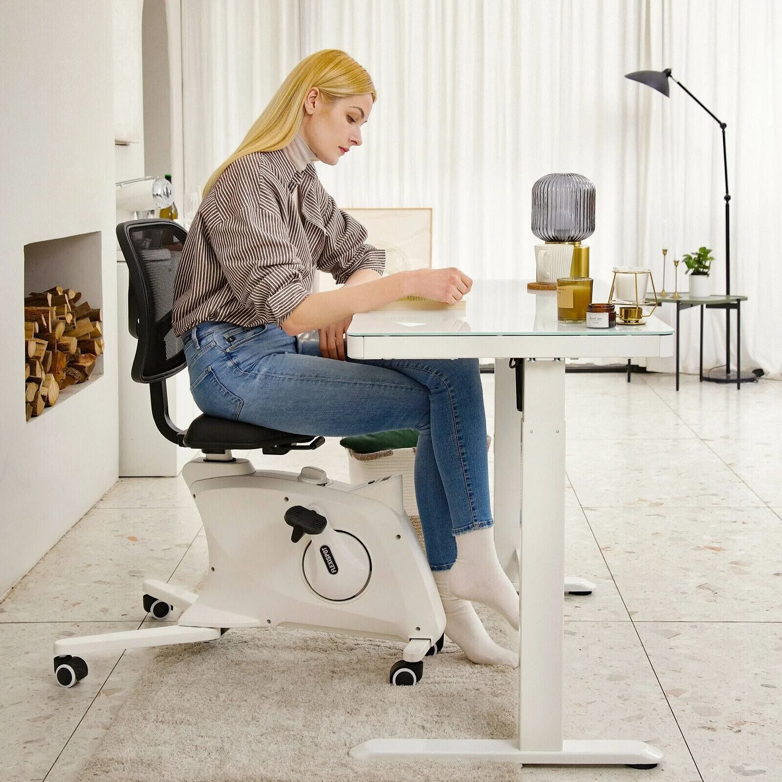FlexiSpot Adjustable Exercise Workstation Bike Desk Chair Fitness Chair Standing Desk Cycle with Mesh Back Desk Chair