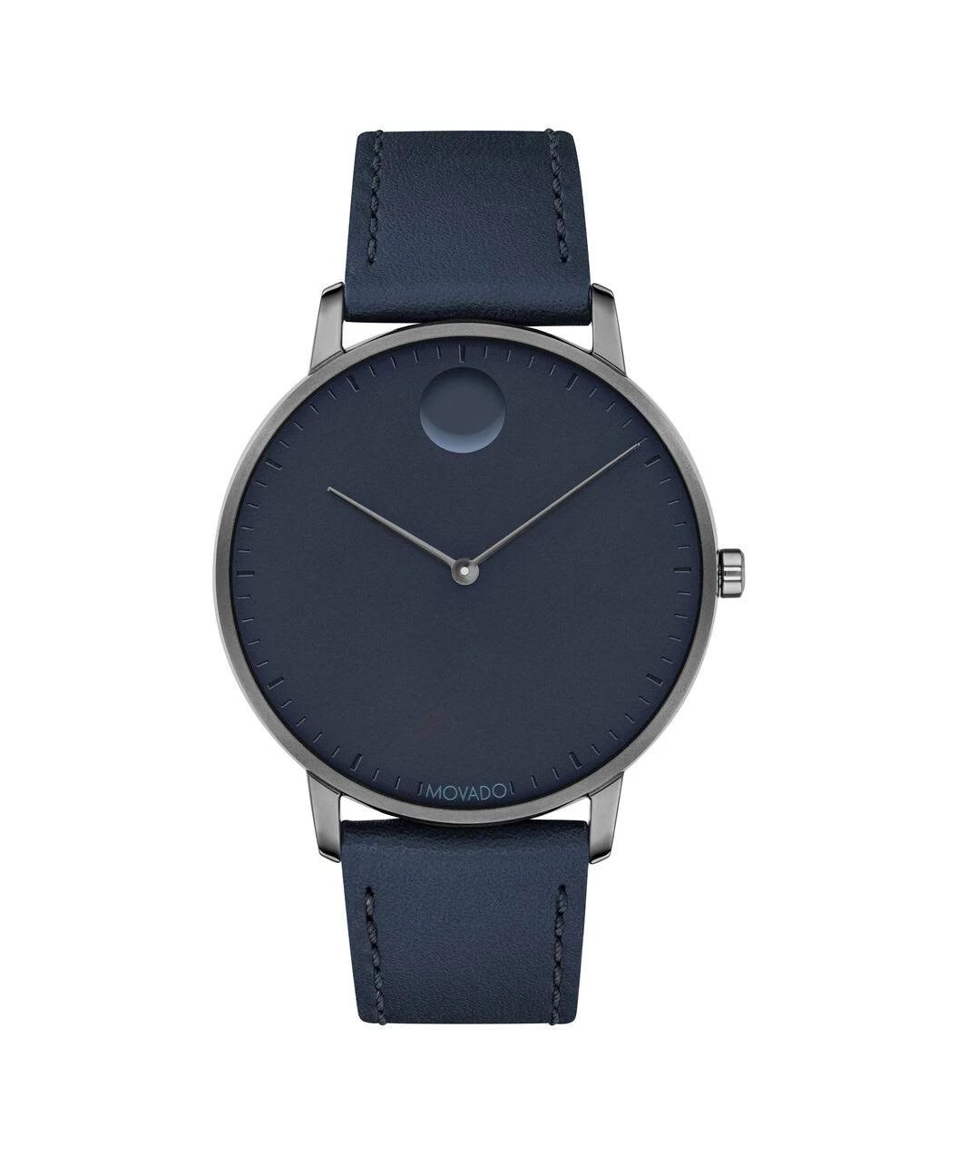 Movado Face | Grey Stainless Steel Watch with Navy Leather Strap
