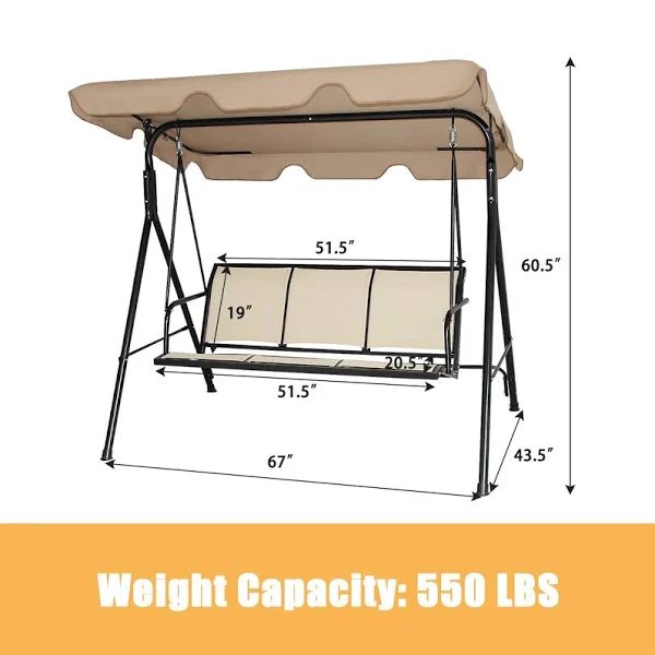 Costway Outdoor Patio Swing Canopy 3 Person Canopy Swing Chair Patio Hammock Brown