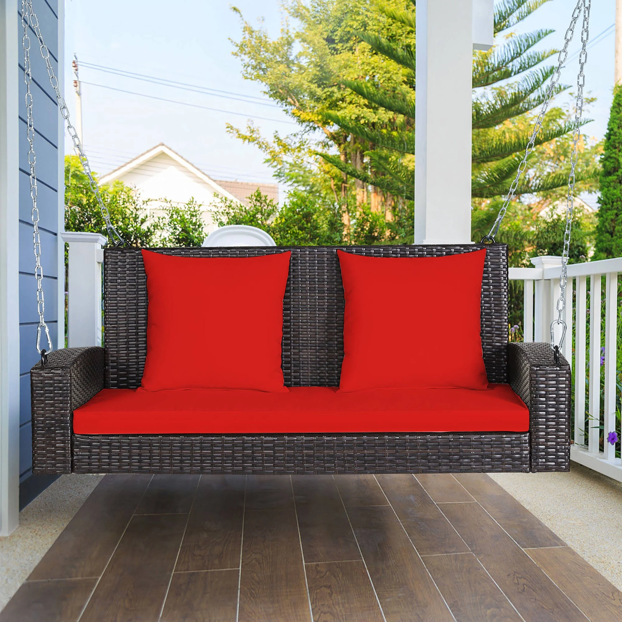 Costway 2-Person Patio Rattan Hanging Porch Swing Bench Chair Cushion Red