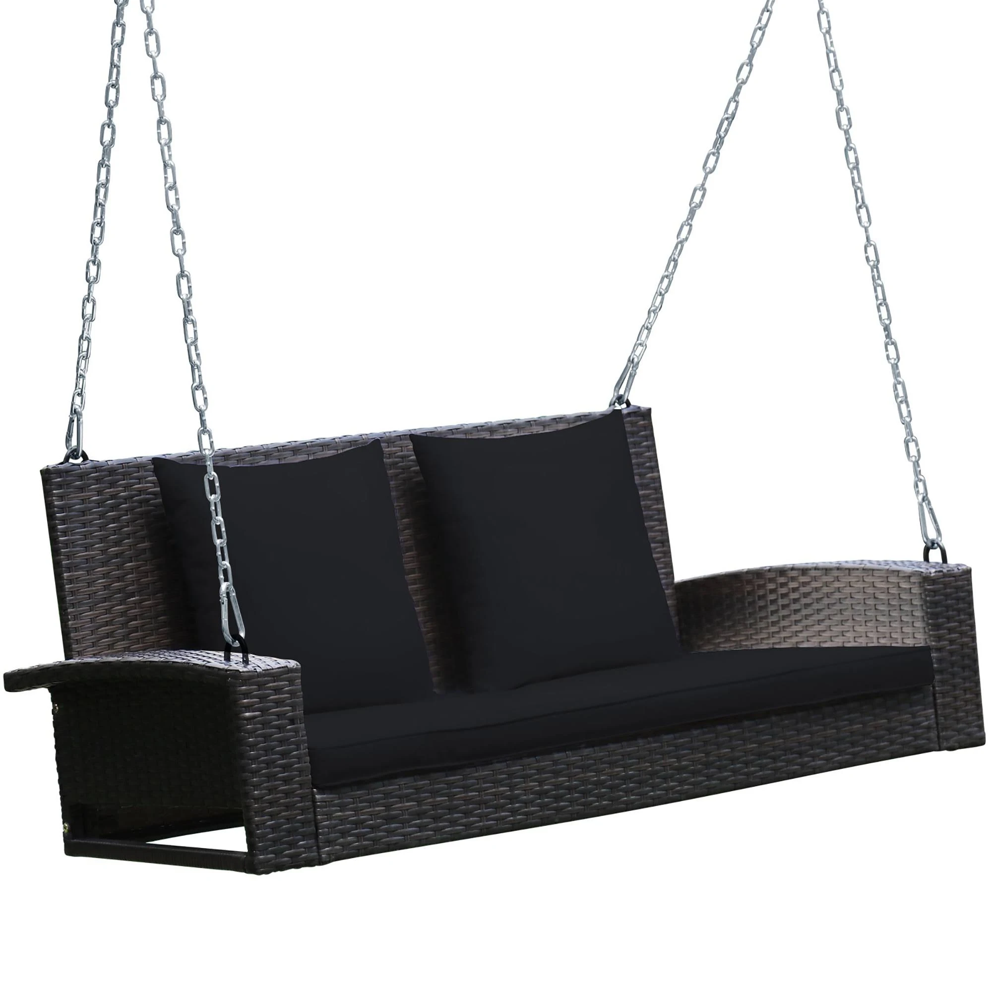 Costway 2-Person Patio Rattan Hanging Porch Swing Bench Chair Black Cushion