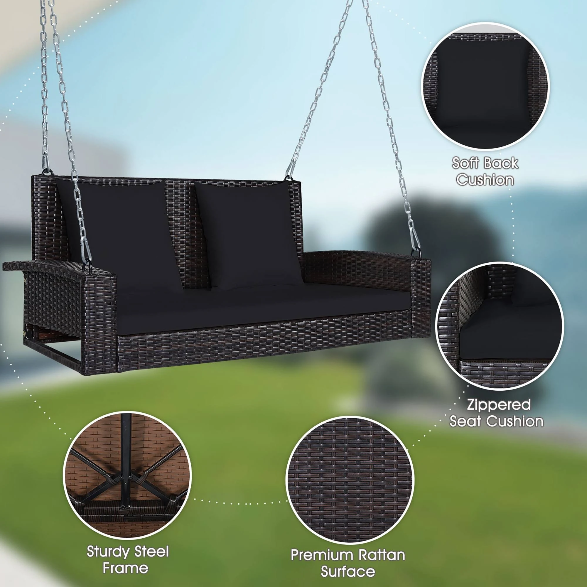 Costway 2-Person Patio Rattan Hanging Porch Swing Bench Chair Black Cushion