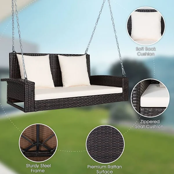 Costway 2-Person Patio Rattan Hanging Porch Swing Bench Chair Beige Cushion