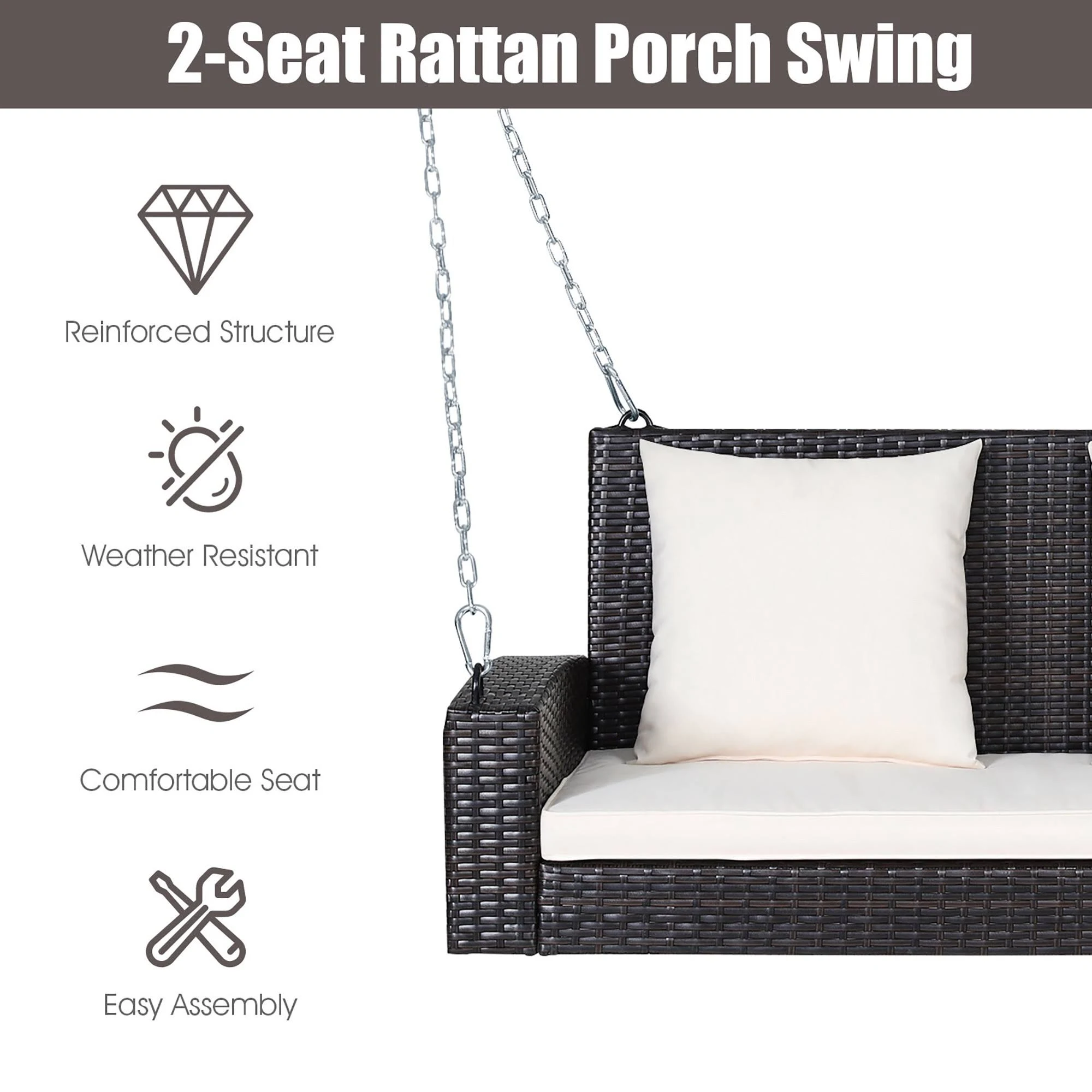 Costway 2-Person Patio Rattan Hanging Porch Swing Bench Chair Beige Cushion