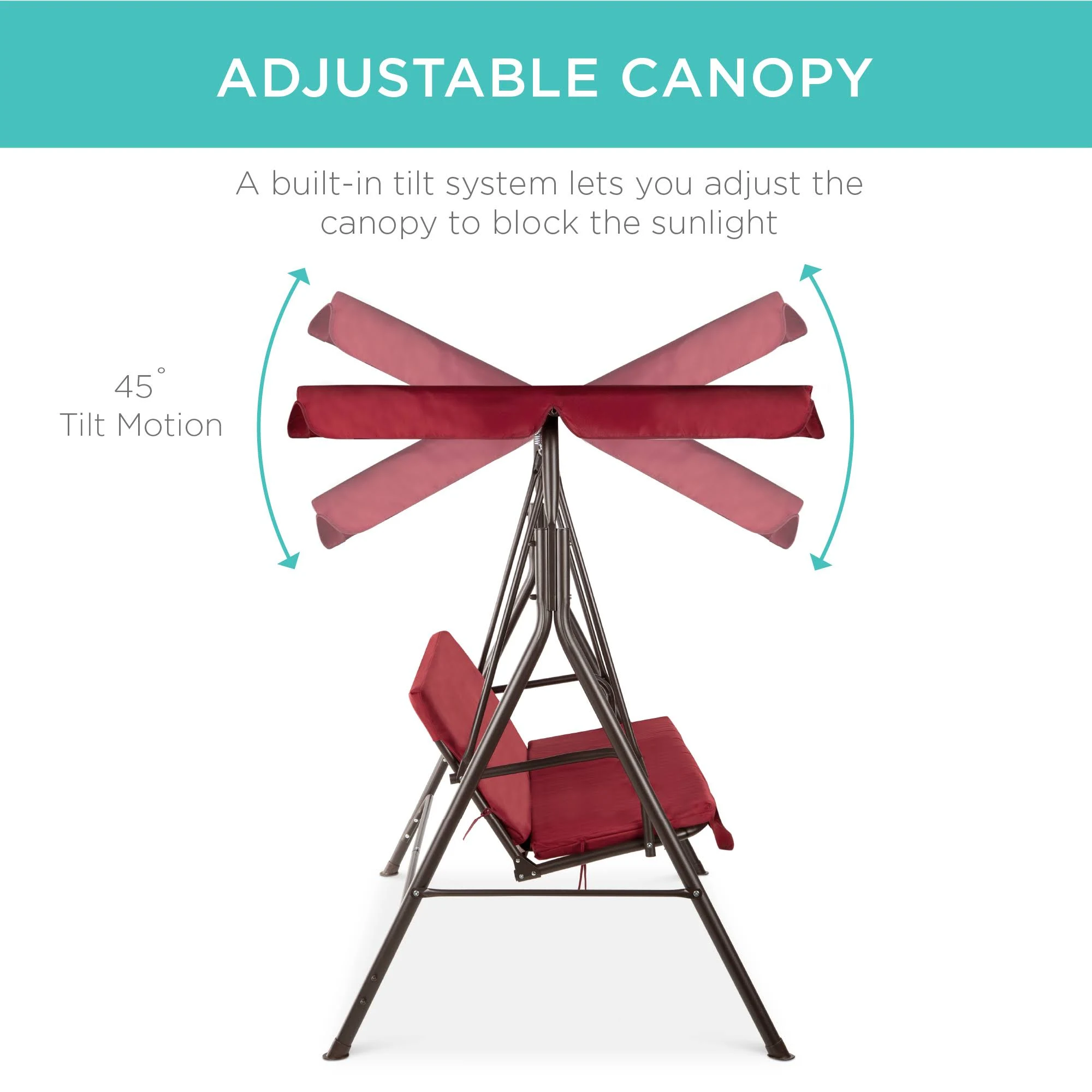 Best Choice Products 2-Person Outdoor Large Convertible Canopy Swing Glider Chair w/Removable Cushions, Burgundy