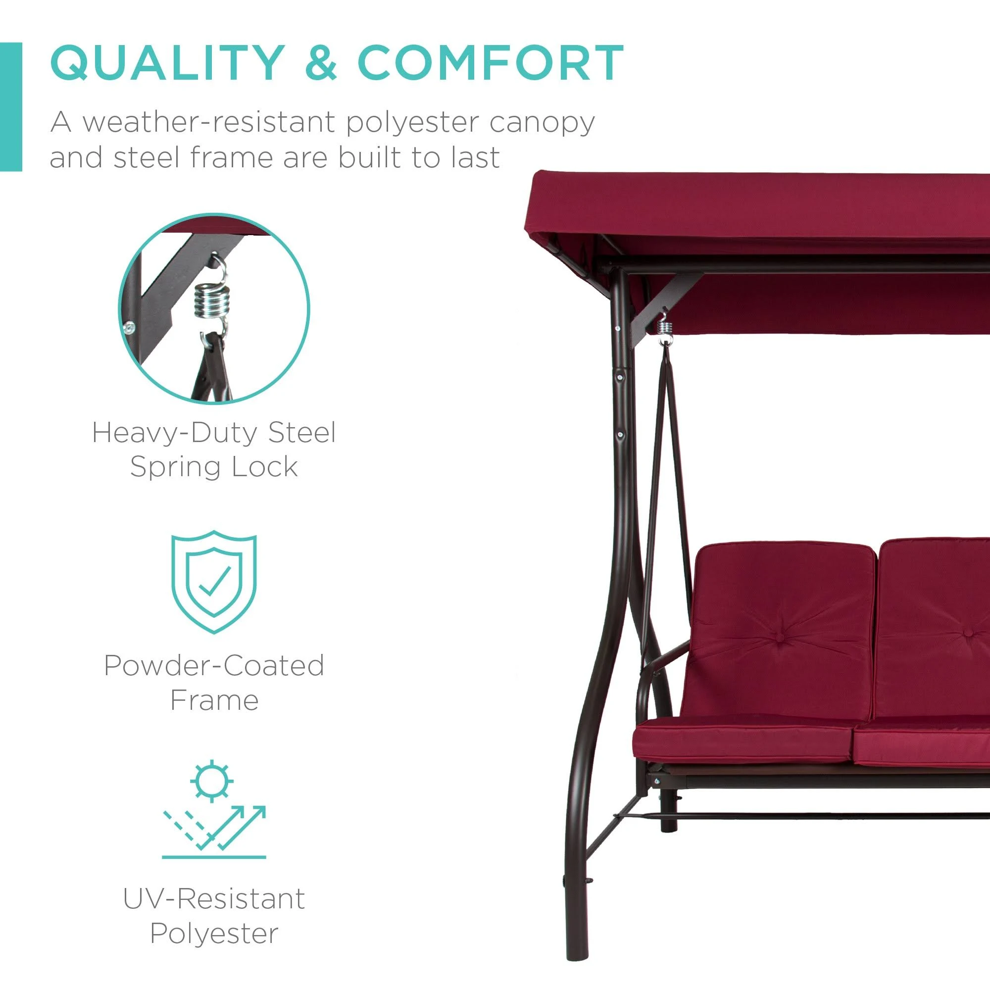 Best Choice Products 3-Seat Converting Outdoor Swing with Canopy, Burgundy