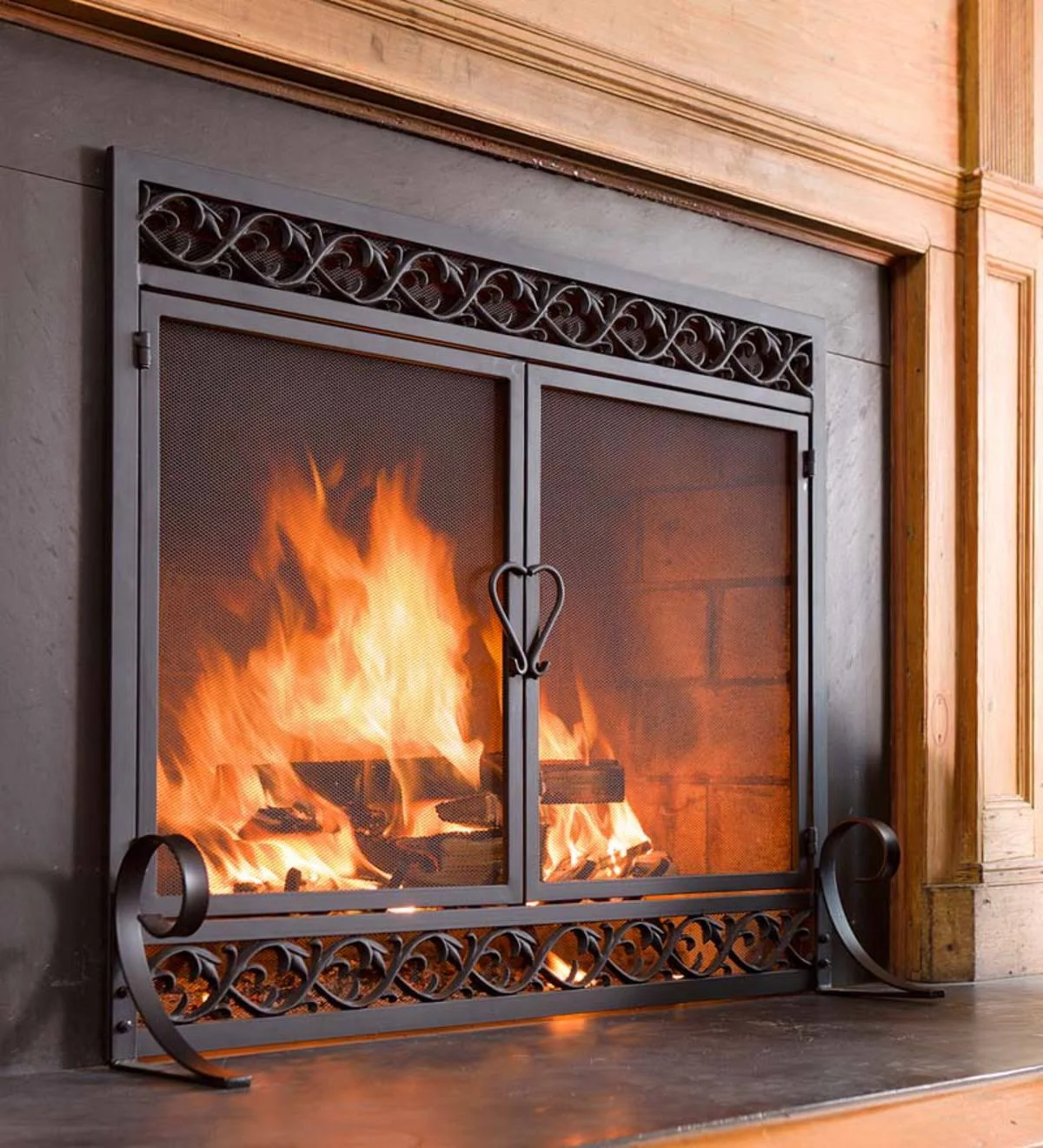 Plow & Hearth Large Cast Iron Scrollwork Design Fireplace with Doors, Black