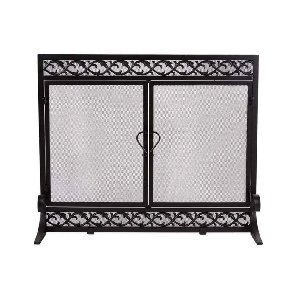 Plow & Hearth Large Cast Iron Scrollwork Design Fireplace with Doors, Black