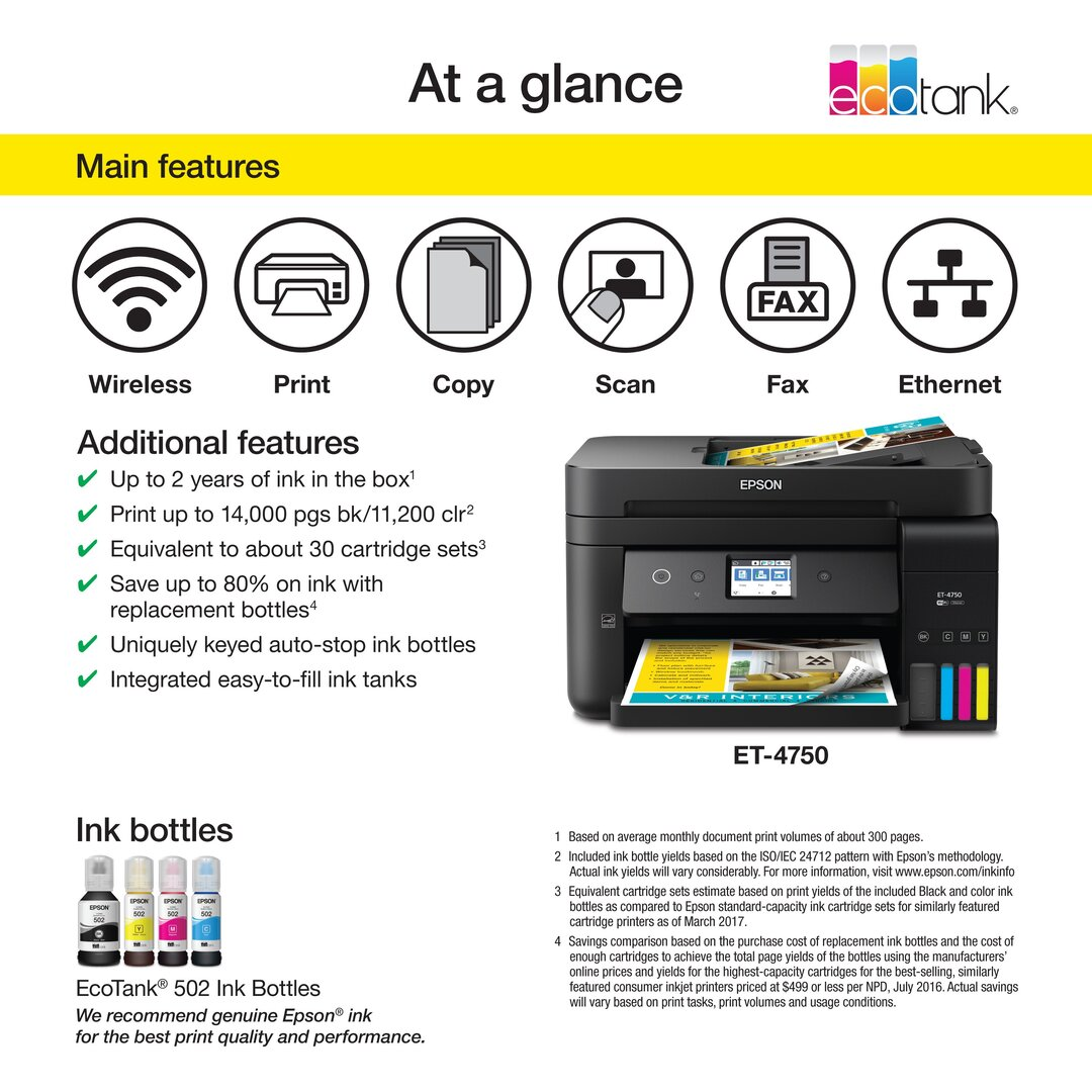 Epson WorkForce ET4750 EcoTank Wireless Color All-in-One Printer - Black