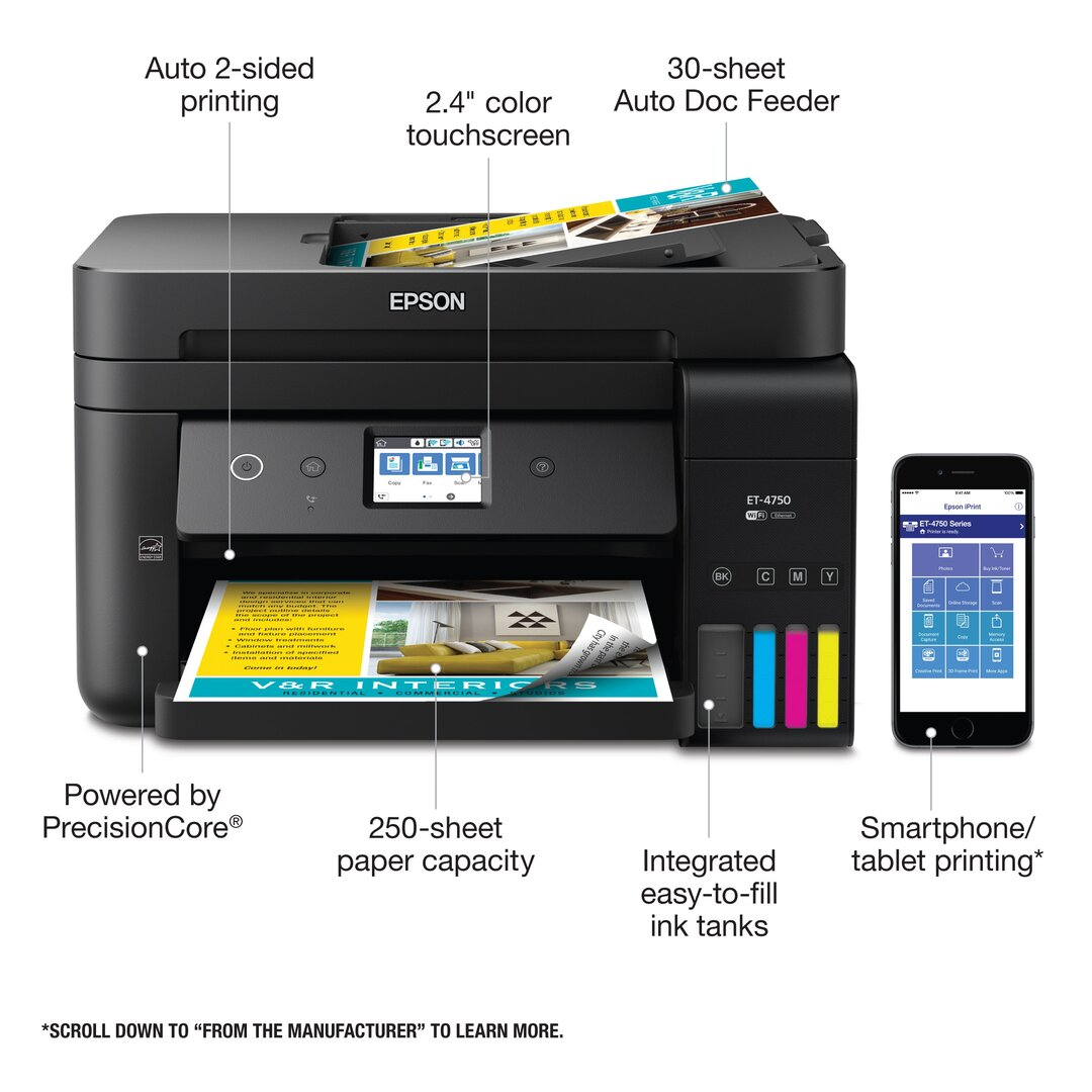 Epson WorkForce ET4750 EcoTank Wireless Color All-in-One Printer - Black