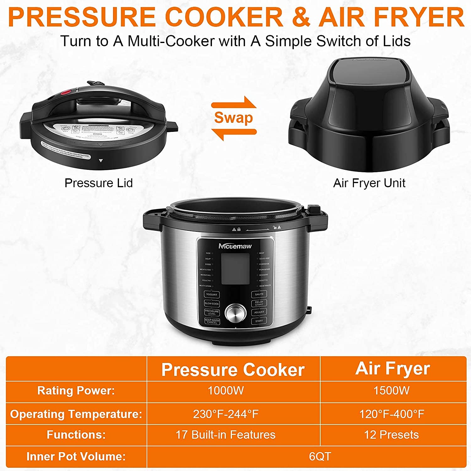 Nictemaw 17-in-1 Pressure Cooker, 6QT Air Fryer Electric Pressure Cooker