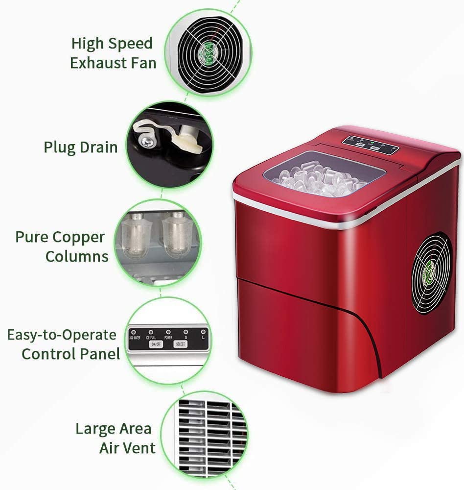 AGLUCKY Compact Automatic Ice Maker - Red