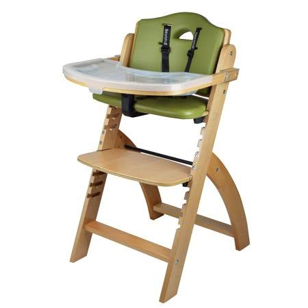 Abiie Beyond Junior Y High Chair with Cushion & Tray, Natural Wood / Green Cushion