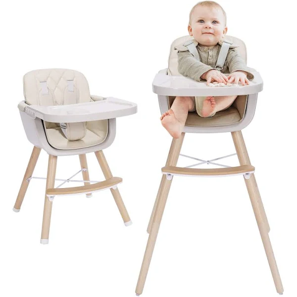 3-in-1 Baby High Chair with Adjustable Legs, Tray -Cream Color Dishwasher Safe, Wooden High Chair Made of Sleek Hardwood & Premium Leatherette, Ideal