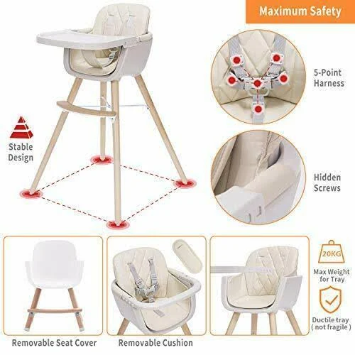 3-in-1 Baby High Chair with Adjustable Legs, Tray -Cream Color Dishwasher Safe, Wooden High Chair Made of Sleek Hardwood & Premium Leatherette, Ideal