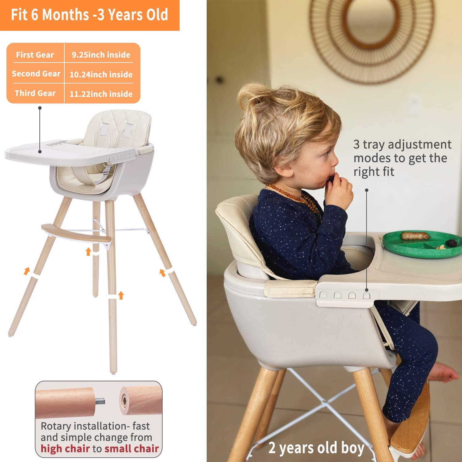 3-in-1 Baby High Chair with Adjustable Legs, Tray -Cream Color Dishwasher Safe, Wooden High Chair Made of Sleek Hardwood & Premium Leatherette, Ideal