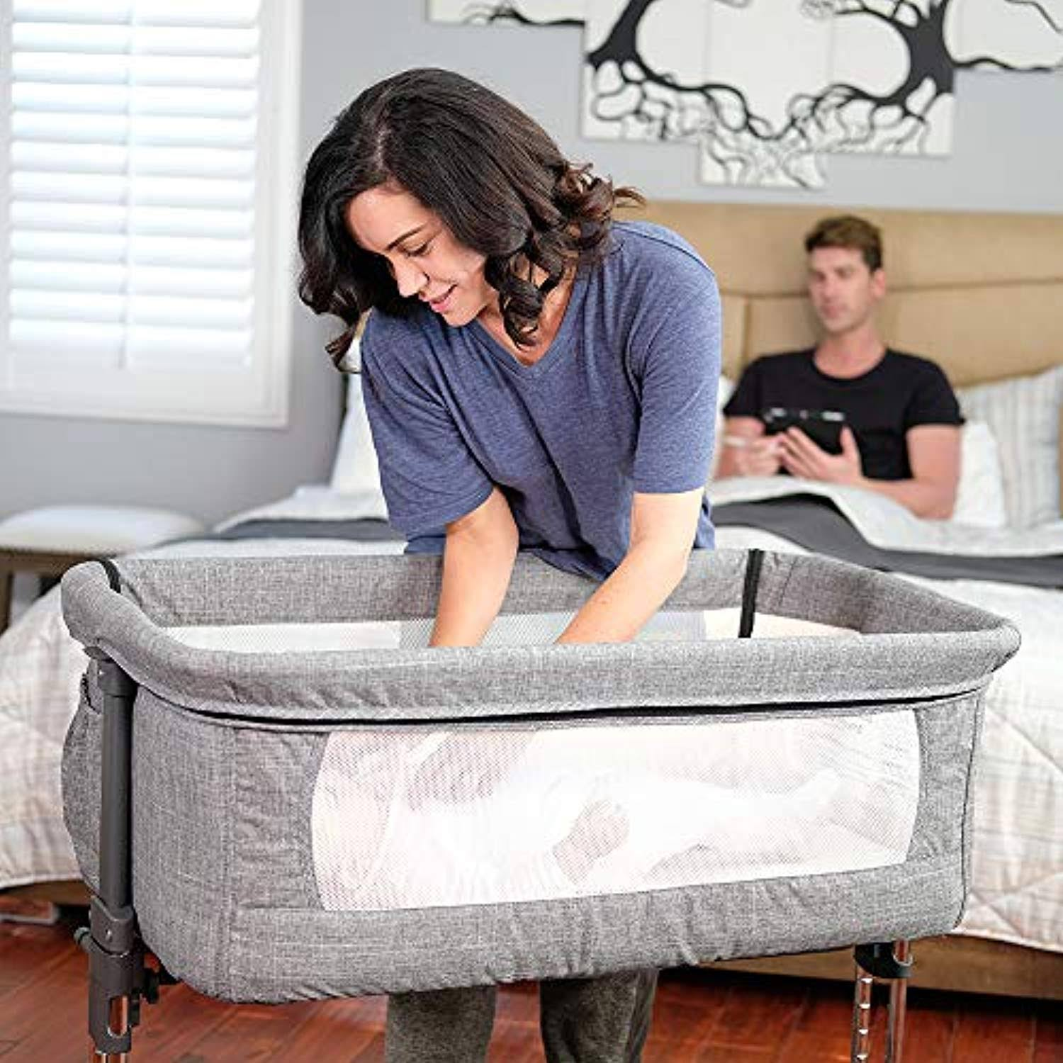 Mika Micky Bedside Sleeper Easy Folding Portable Crib, Grey