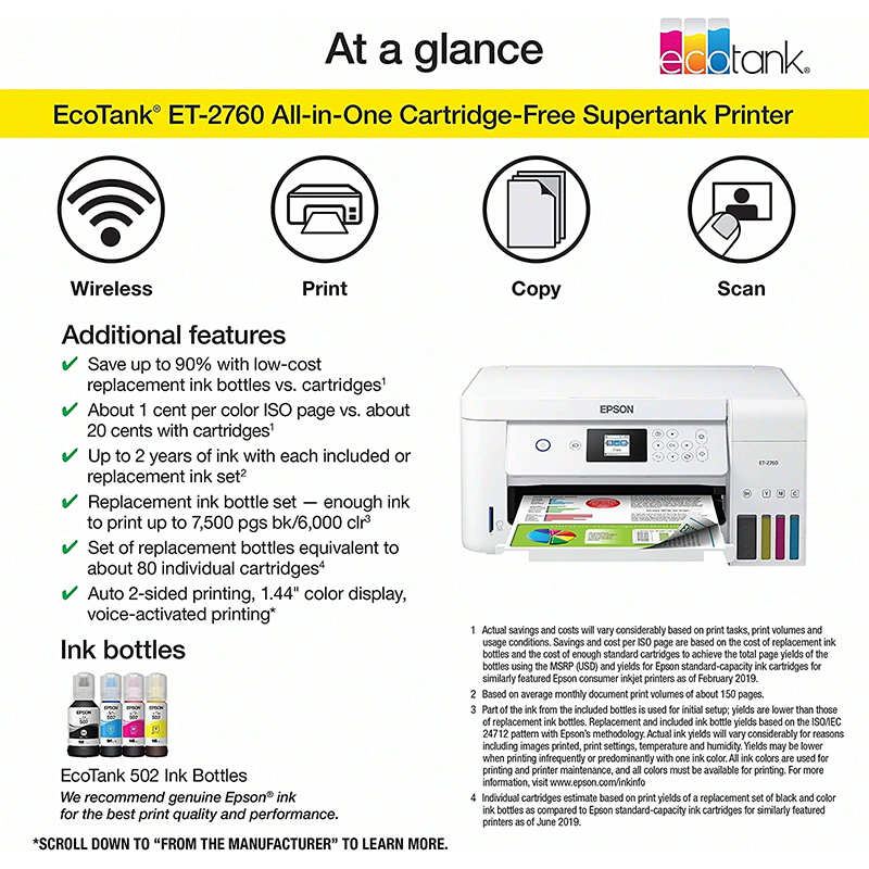 Epson EcoTank ET-2760 Wireless Color All-in-One Cartridge-Free Supertank Printer