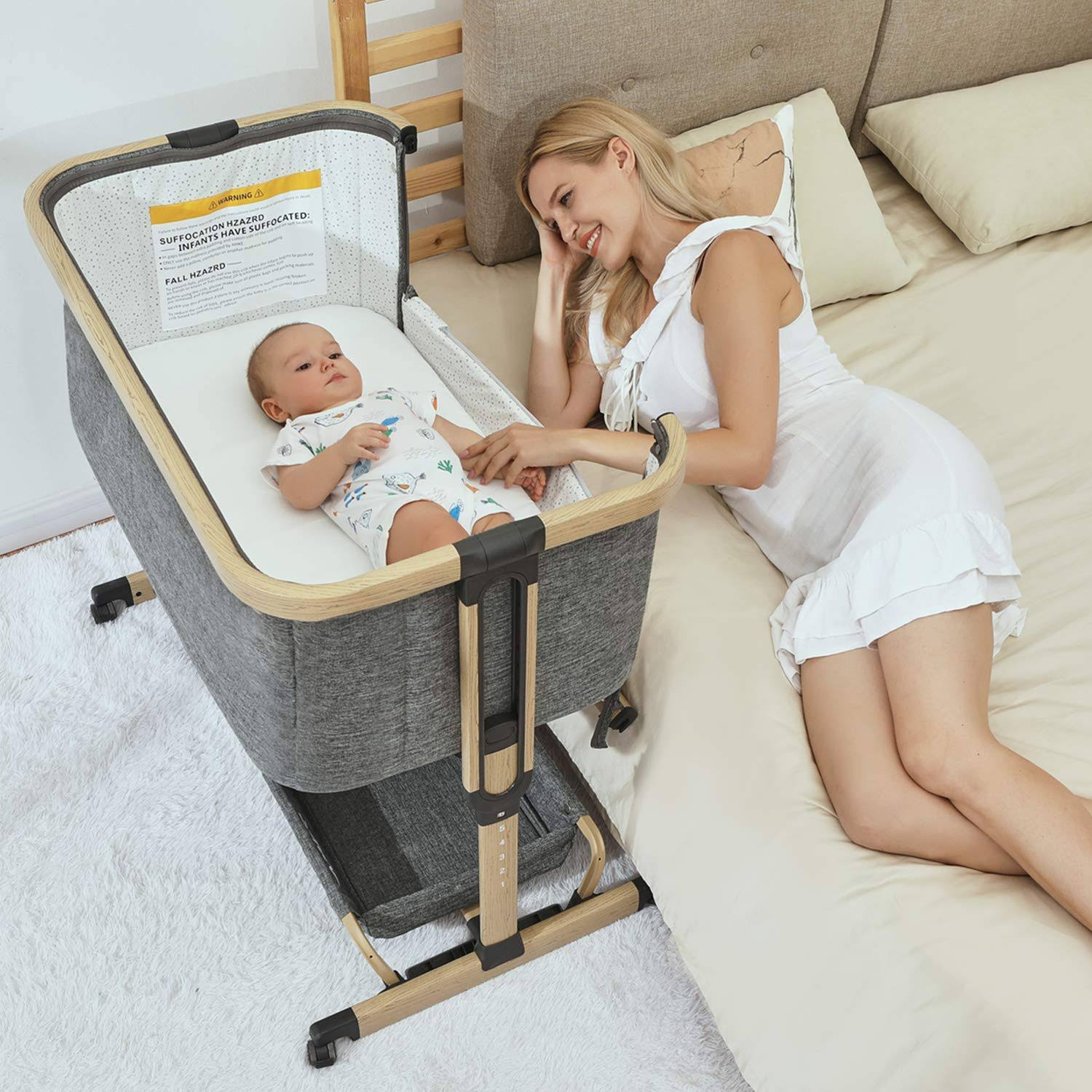 3 in 1 Baby Bassinets,AMKE Bedside Sleeper for Baby,Baby Cradle with Storage Basket, Easy to Assemble Bassinet for Newborn/Infant, Adjustable Bedside