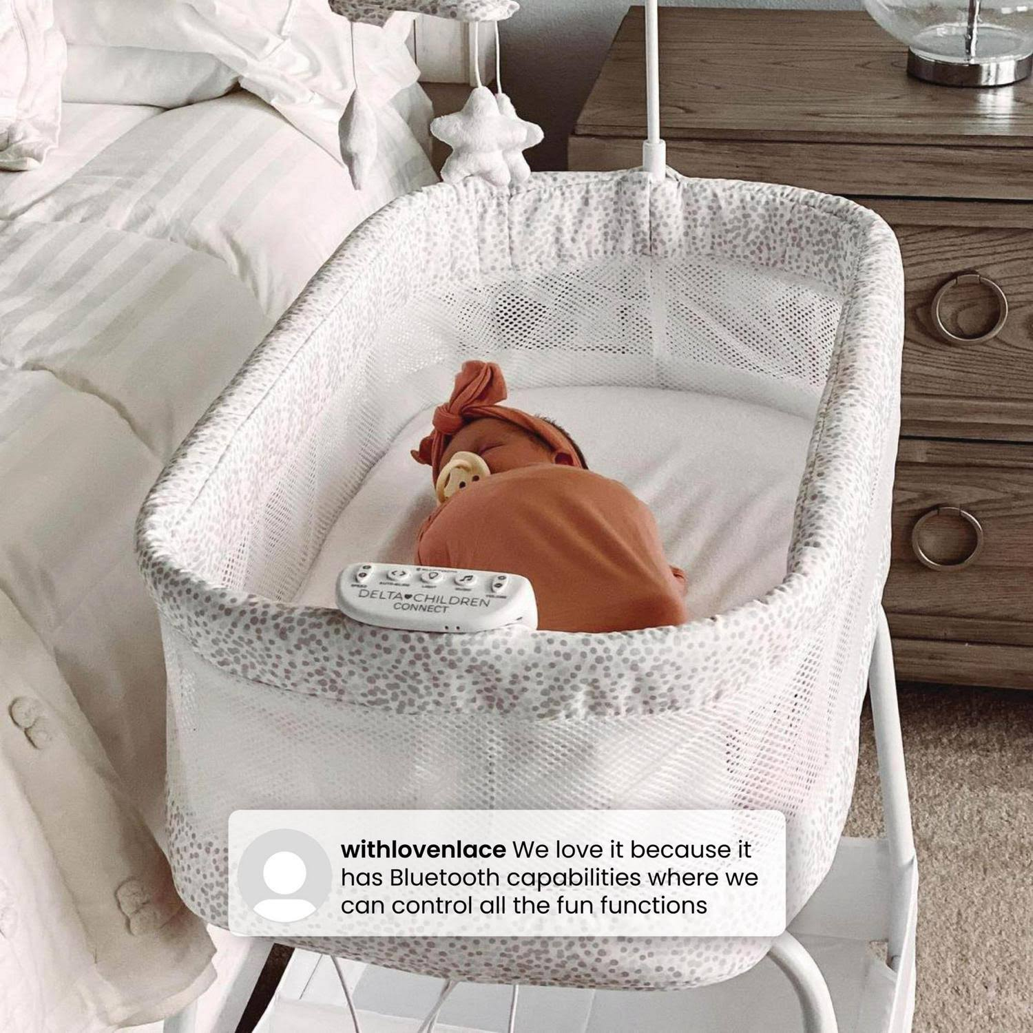 Delta Children SmartSleep Auto Glide Bassinet with Bluetooth, Alloy