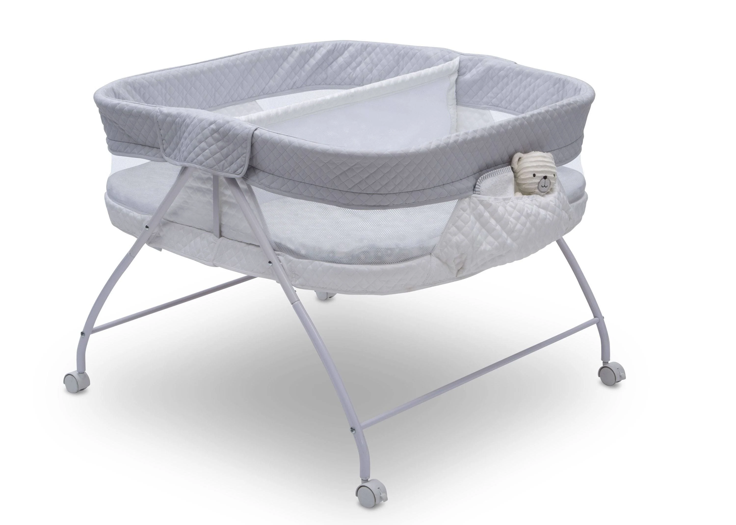 Delta Children Little Folks Twin EZ Fold Ultra Compact Double Bassinet, Aqua Geo