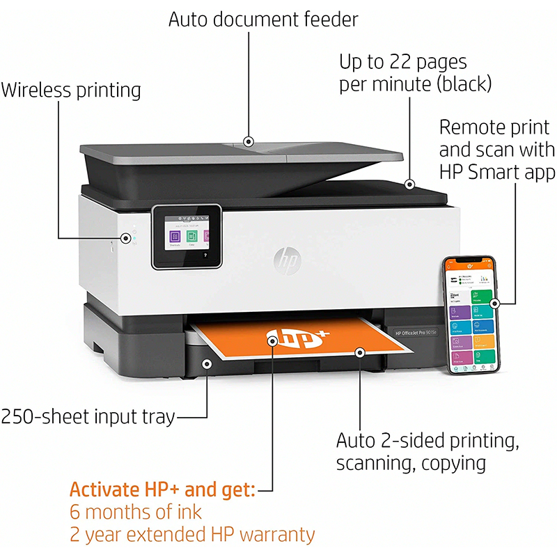HP OfficeJet Pro 9015e Wireless Color All-in-One Printer with bonus 6 free months Instant Ink with HP