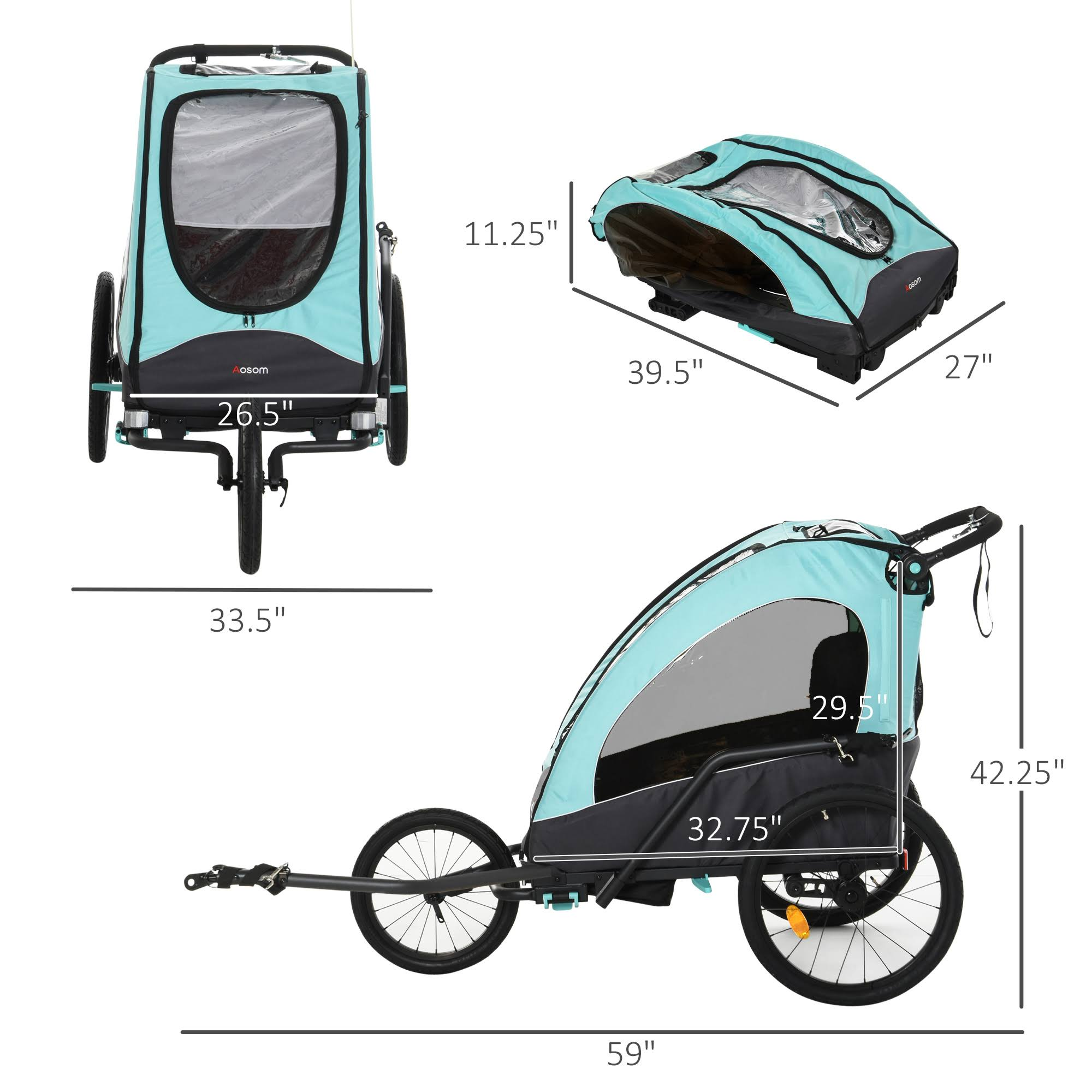 Aosom 3-in-1 Folding Child Bike Trailer Jogging & Baby Stroller with Shock Absorbing Frame & Adjustable Handlebar Blue