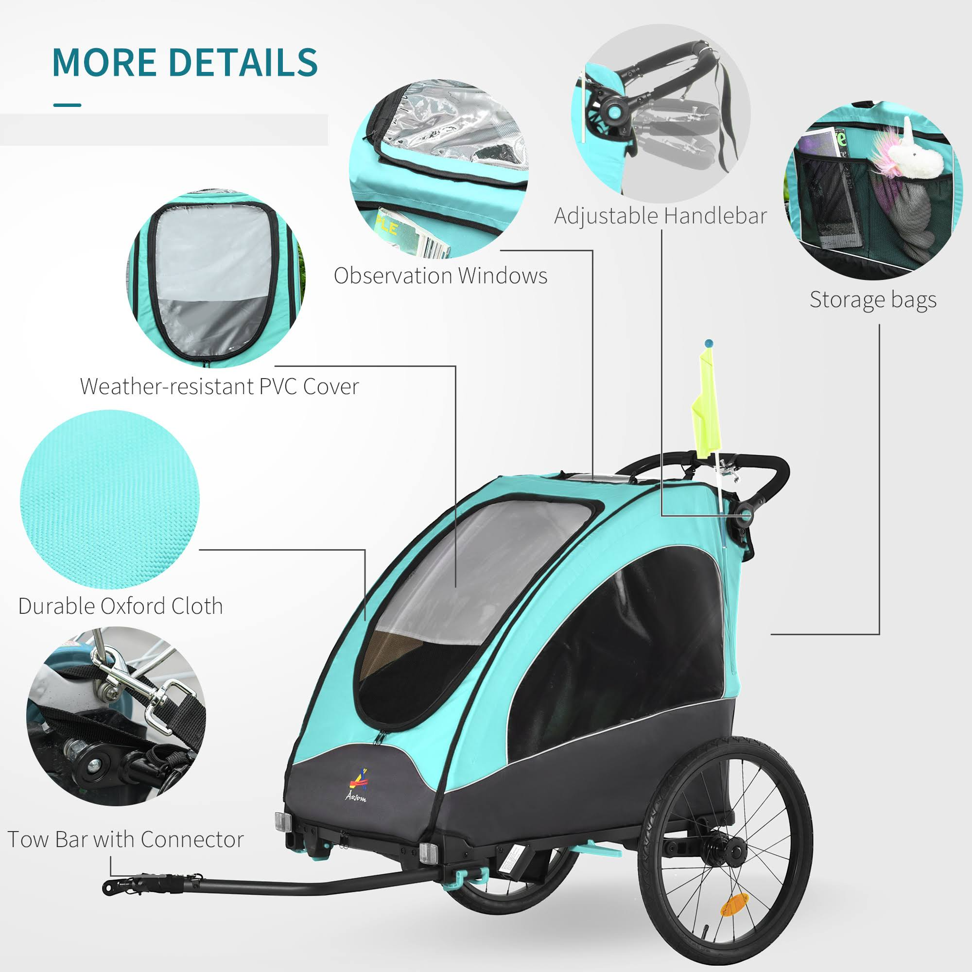 Aosom 3-in-1 Folding Child Bike Trailer Jogging & Baby Stroller with Shock Absorbing Frame & Adjustable Handlebar Blue