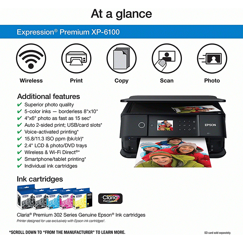 Epson Expression Premium XP-6100 Wireless Color Photo Printer with Scanner and Copier, Black