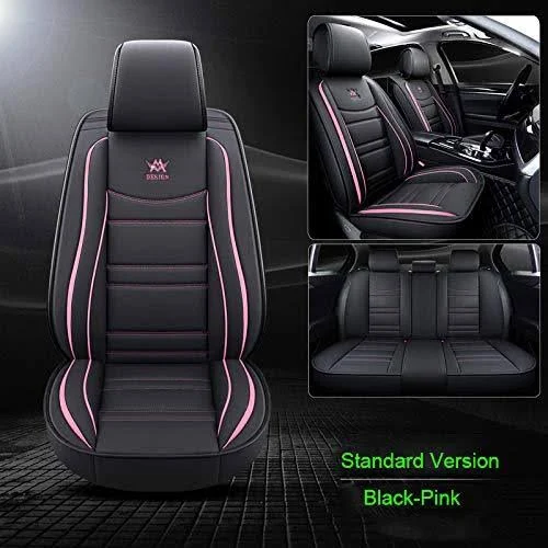 Luxury Leather Auto Car Seat Covers 5 SEATS Full Set Universal Fit(Black-Pink)