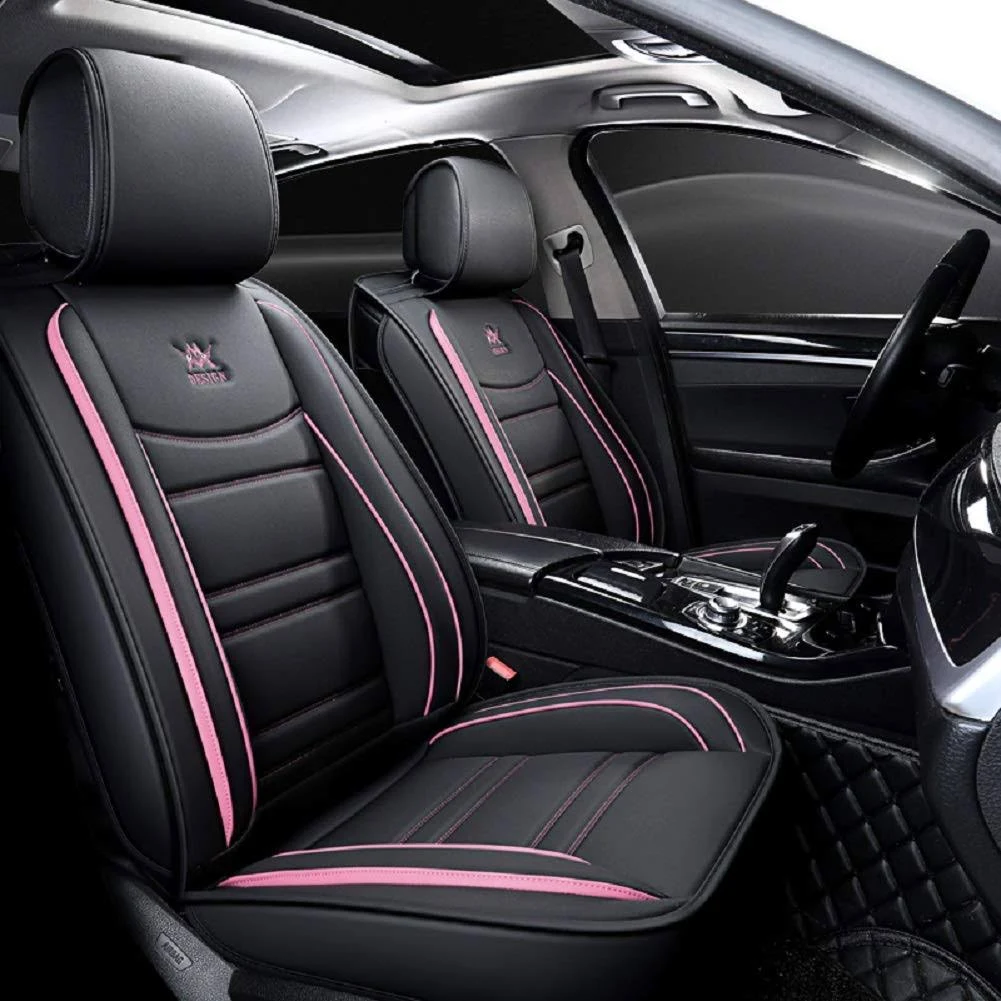 Luxury Leather Auto Car Seat Covers 5 SEATS Full Set Universal Fit(Black-Pink)