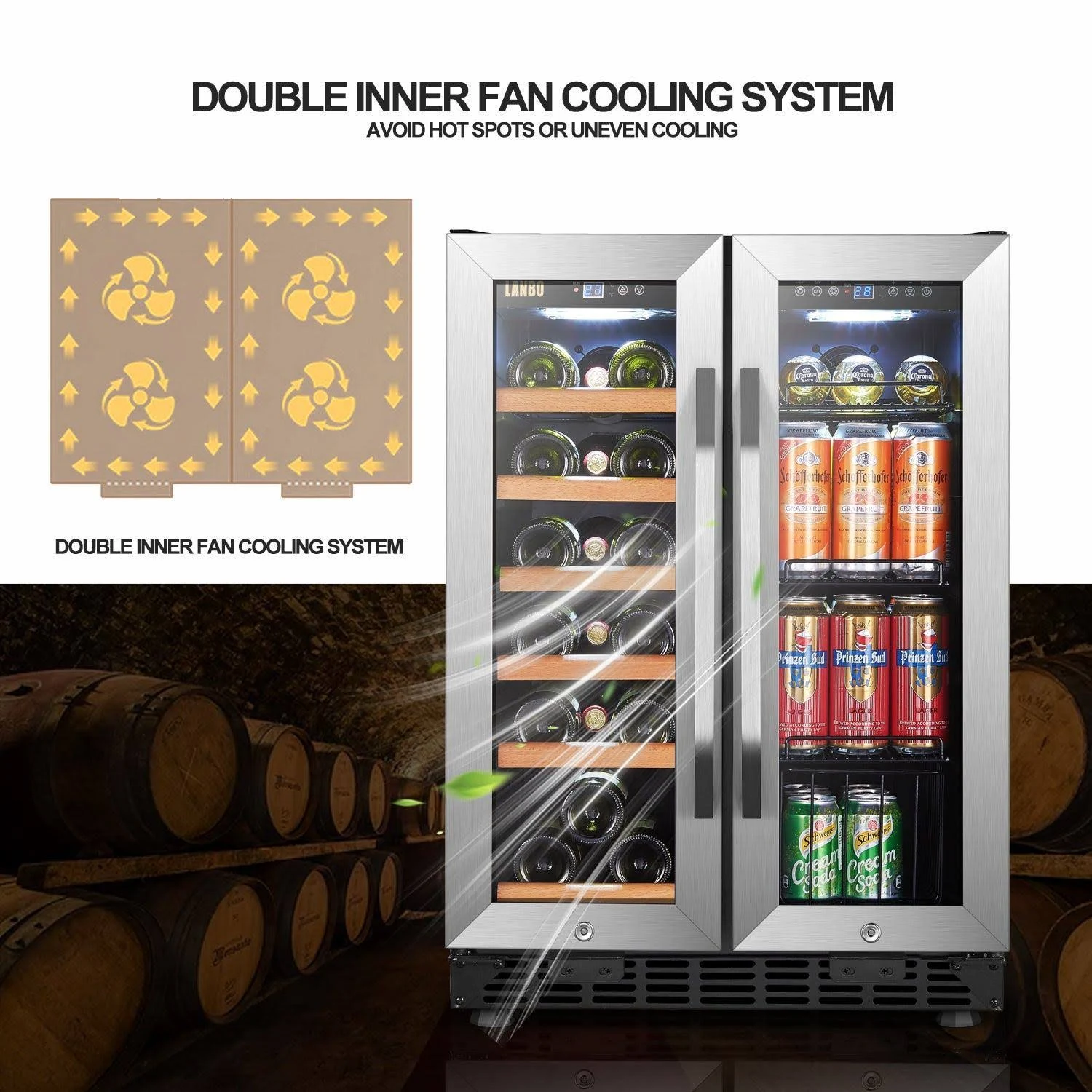 Lanbo Wine Cooler 24″ Wide 18 Bottle 55 Can Dual-Zone | LB36BD