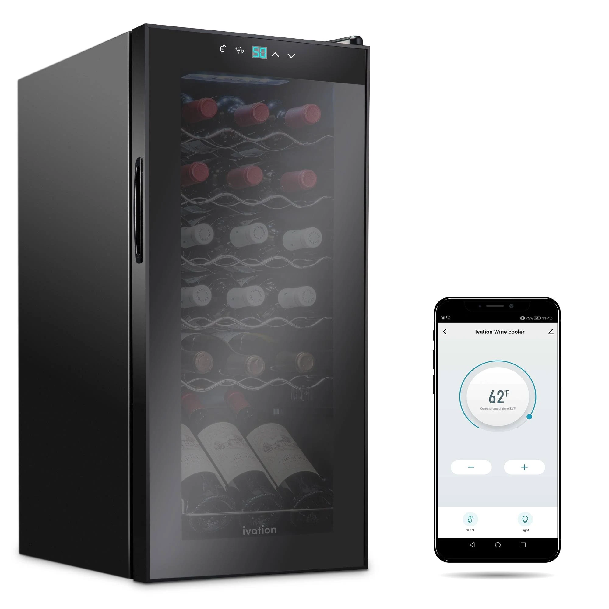 Ivation 18-Bottle Freestanding Wine Cooler with Smart WiFi in Black