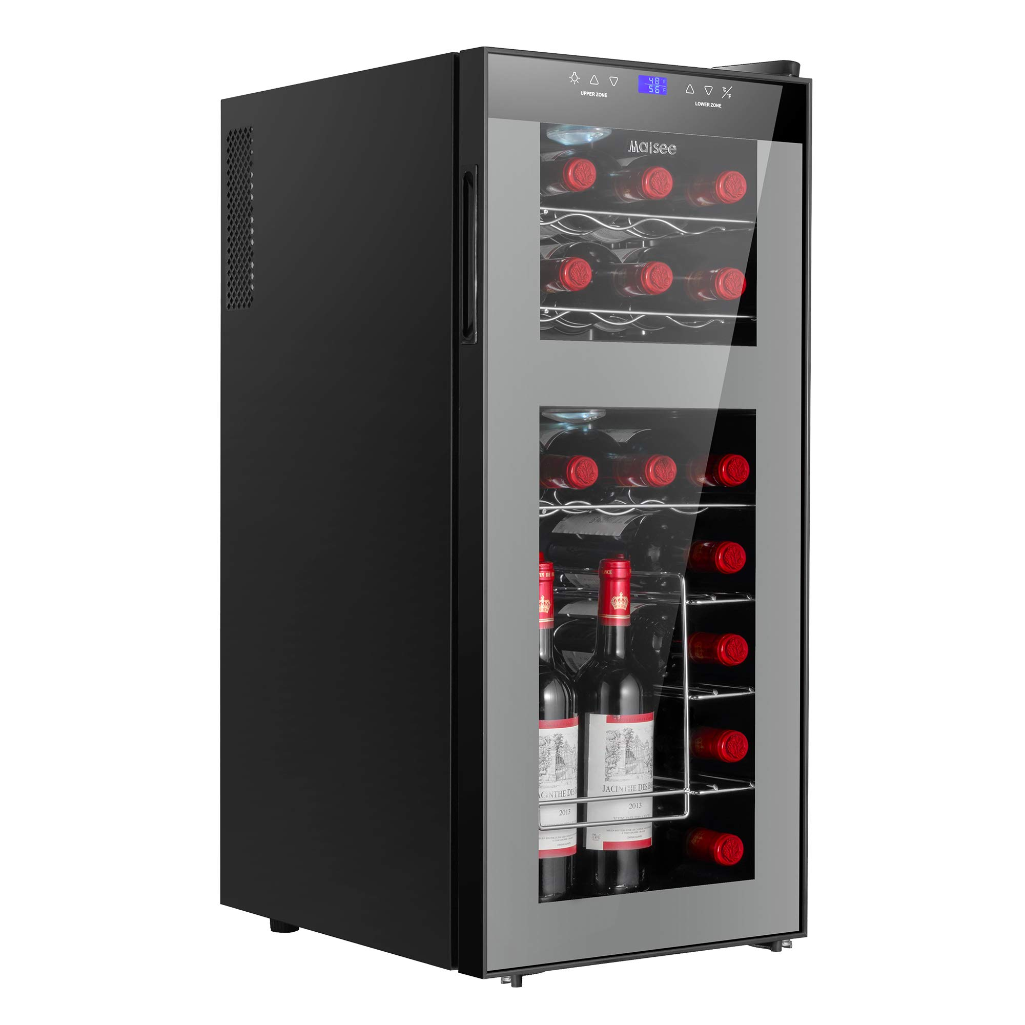 Dual Zone Wine Cooler Thermoelectric Refrigeartor Chiller Fridge Upper Zone 44f-54f Lower Zone 54f~65f with Upright Rack for Red White Wine