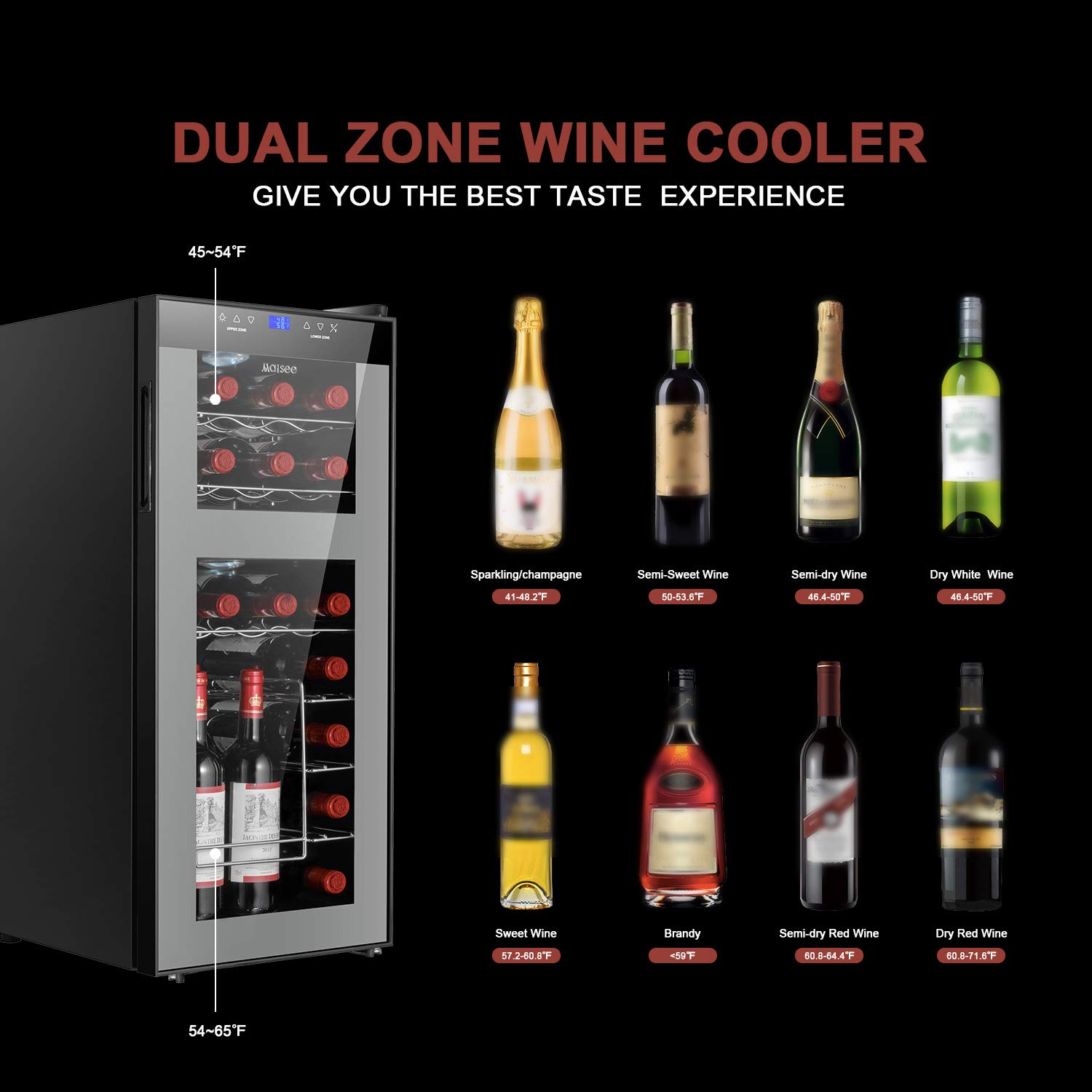 Dual Zone Wine Cooler Thermoelectric Refrigeartor Chiller Fridge Upper Zone 44f-54f Lower Zone 54f~65f with Upright Rack for Red White Wine