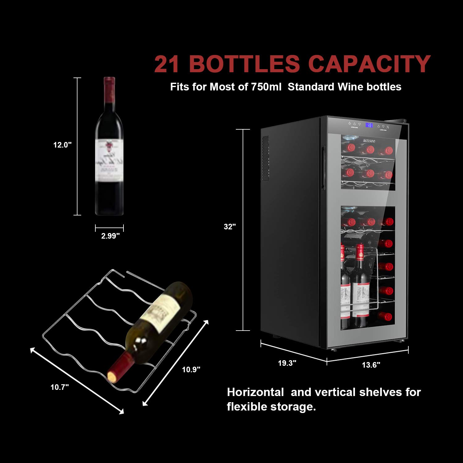 Dual Zone Wine Cooler Thermoelectric Refrigeartor Chiller Fridge Upper Zone 44f-54f Lower Zone 54f~65f with Upright Rack for Red White Wine