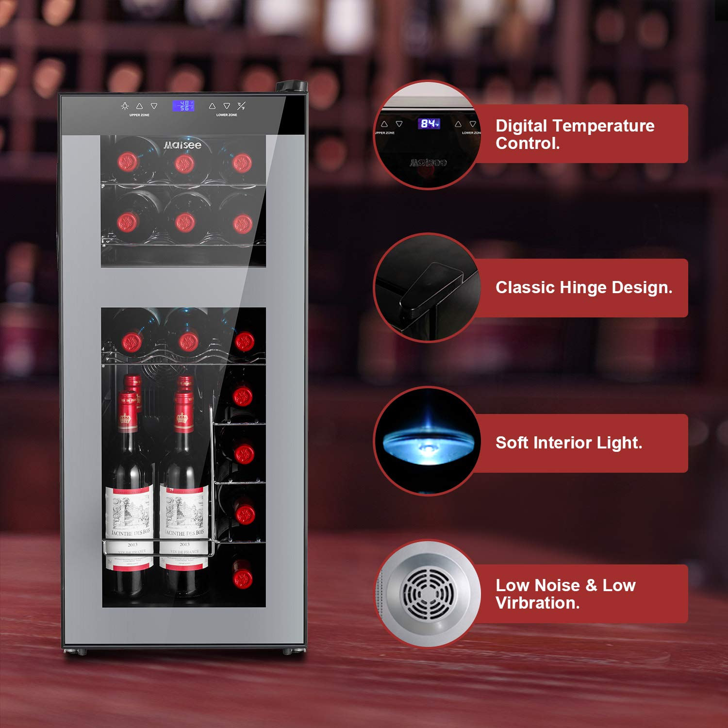 Dual Zone Wine Cooler Thermoelectric Refrigeartor Chiller Fridge Upper Zone 44f-54f Lower Zone 54f~65f with Upright Rack for Red White Wine