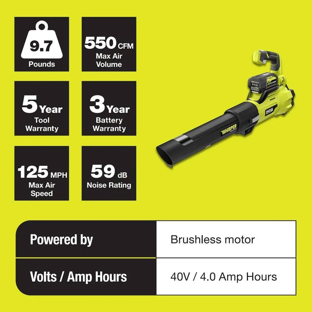 Ryobi 40V Brushless 125 MPH 550 CFM Cordless Battery Whisper Series Jet Fan Blower, RY40470VNM